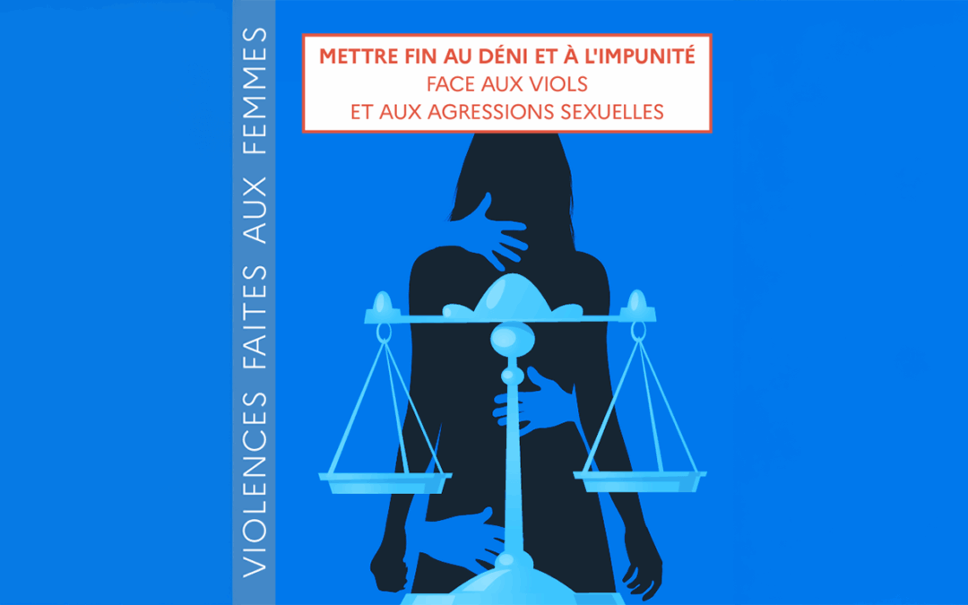 Illustration représentant une femme entourée de mains symbolisant les violences sexuelles, avec une balance de la justice en avant-plan, accompagnée du titre « Mettre fin au déni et à l’impunité face aux viols et aux agressions sexuelles » – rapport du Haut Conseil à l’Égalité 2025.